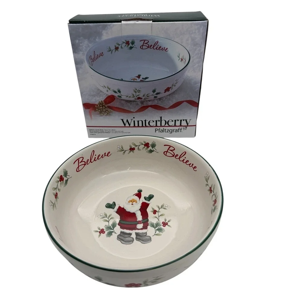 Pfaltzgraff Winterberry Believe Candy Bowl Santa Christmas Stoneware 7 Inch New